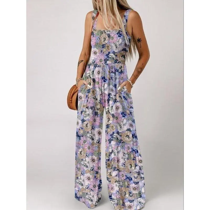 Women's Ditsy Floral Print Ruched Shirred Pocket Wide Leg Cami Jumpsuit, Boho Fashion Square Neck Sleeveless Jumpsuit for Daily Holiday Vacation Wear, Jumpsuits for Women, Ladies Clothes for Summer 2