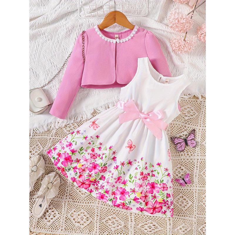 Girls' Spring Fashion 2pcs Set, Floral Print Dress with Belt Detail and Matching Cardigan, Crew Neck, Regular Fit, Polyester 100%, Non-Stretch Woven Fabric, Belted Dress for Kids, for Outdoor 3