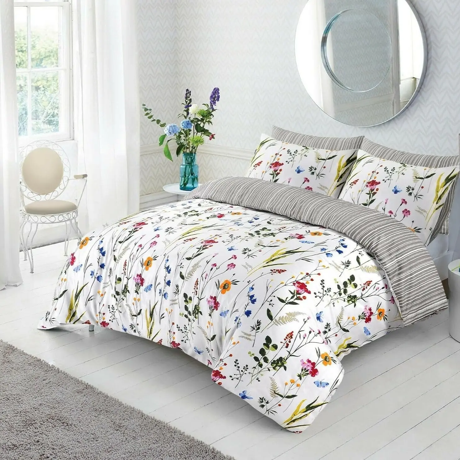 Premium Quality Floral Duvet Cover Set with Pillow Cases - White Grey Silver - Double King Super King - Botanical Bedding Sets