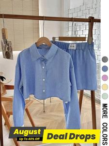 Women's Striped Print Button Front Longsleeves Shirt & Shorts Two-piece Set, Casual Long Sleeve Collared Top & Shorts for Spring & Fall, Ladies Clothes for Daily Wear, Womenswear, Outfit, Summer Clothing Set, Casual Matching Set