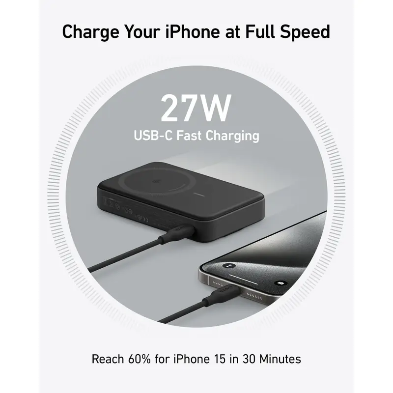 Anker MagGo Power Bank, Qi2 Certified 15W Fast MagSafe Compatible Mobile Charger, 10,000mAh Battery, Smart Display & Foldable Stand, for iPhone 15/14/13/12, Includes USB-C Cable 4
