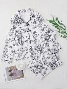 Women's All Over Floral & Plants Print Pocket Pyjama Set, Casual Button Front Shirt & Elastic Waist Pants, Sleepwear & Loungewear Set for Spring & Fall