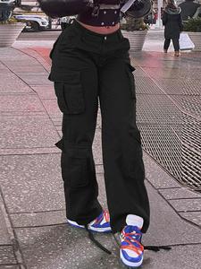 Women's Plain Drawstring High Waist Button Cargo Pants, Casual Streetwear Pocket Design Trousers for Daily Wear, Ladies Bottoms for All Seasons