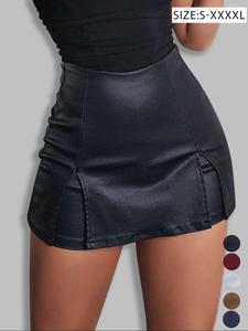 Women's Split Hem High Waist Skinny PU Shorts, Stretchy Zip Back Faux Leather Skort Skirt for Holiday Club Daily Wear, Lady Bottoms for All Seasons