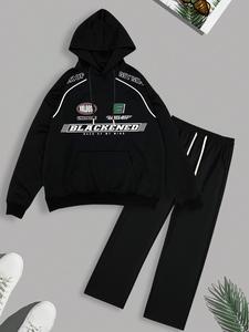 Men's Letter Print Hoodie & Sweatpants Set, Casual Long Sleeve Hooded Sweatshirt & Jogger Pants, Two-piece Outfits for Fall & Winter