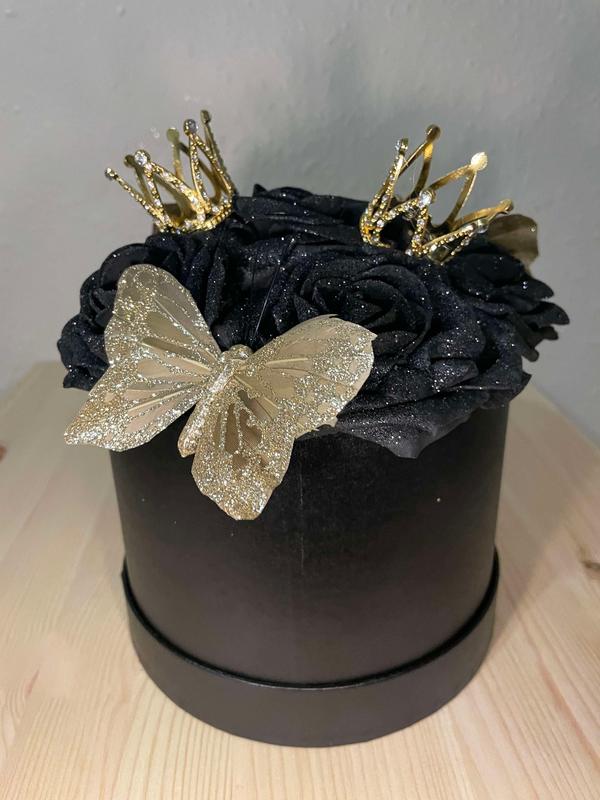 Artificial small black and gold glittered hat box arrangement with roses small crown and gold butterflies bespoke arrangement 3