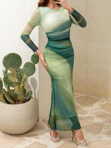 Women's Tie Dye Ruched Bodycon Dress, Ladies Dresses, Maxi Dress for Women, Elegant Long Sleeve Round Neck Long Gown for Party Holiday Wedding Guest, Wedding Dress, Fancy Dress 80s 90s Fancy Dress, Womenswear