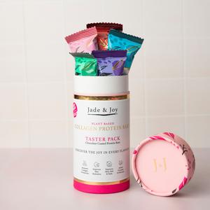 Jade & Joy Collagen Taster Selection Box, Vegan Collagen Protein Bars, 5 Bars, Marshmallow Biscuit, Caramel Blondie, Cookie Crumb, Salted Caramel and Fudge Brownie Snack