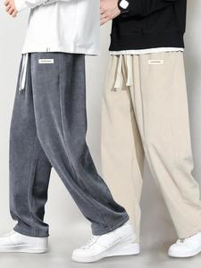 Men's Letter Print Corduroy Sweatpants, Casual Comfy Loose Fit Straight Leg Pants for Fall & Winter, Men's Trousers for Daily Wear