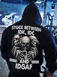 【Plus Size】 Skull & Letter Print Drop Shoulder Hoodie, Fashion Casual Regular Fit Drawstring Pocket Hooded Sweatshirt for Daily Holiday Outdoor Wear, Men Clothing for Fall & Winter