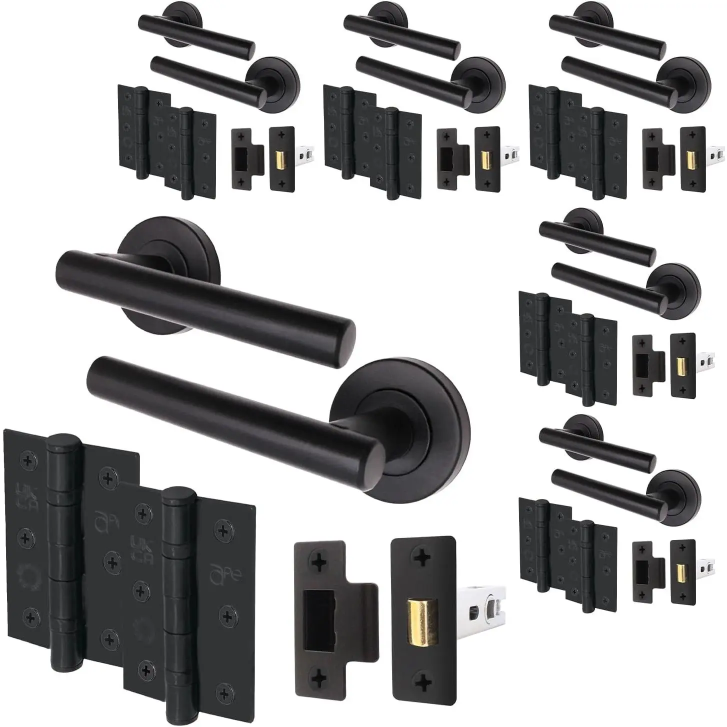 EAI Black Door Handle Latch Set - Pack of 6 |   Round T-Bar Internal Door Handles, Latch (64mm), Hinges (76mm) |   Matt Black Lever on Rose |   Oliena Range