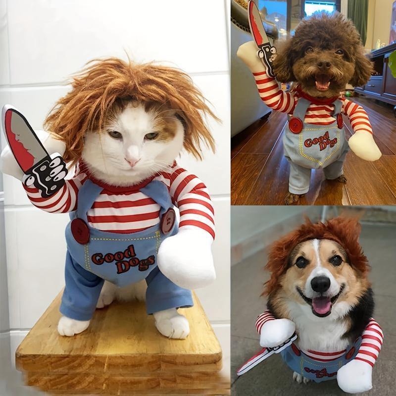Halloween Deadly Doll Design Pet Dog Costume Halloween Clothes Wig And Knife Novelty Funny Scary Props Outfit Apparel Accessories 7
