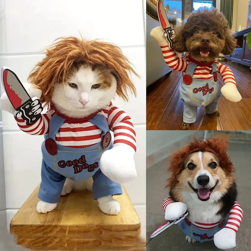 Halloween Deadly Doll Design Pet Dog Costume Halloween Clothes Wig And Knife Novelty Funny Scary Props Outfit Apparel Accessories 7