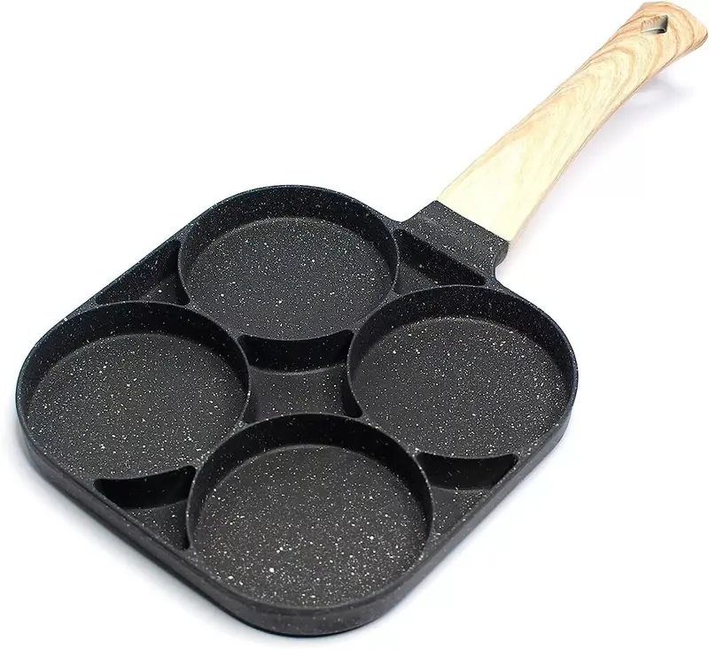 4 Hole Egg Pan Burger Ham Pancake Maker Wooden Handle Frying Grill Non-stick UK 2