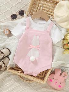Baby Girl's Cartoon Rabbit Print Pom Pom & Bow Decor Sweater Onesie without Inner Tee, Cute Cozy Buttons One-piece Jumper Bodysuit, Newborn Kids Clothes for All Seasons, Baby Girl Clothes