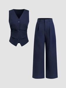 Women's Solid Color Vest & Wide Leg Pants Set, Elegant Fashion Outerwear & Trousers for Daily Outdoor Wear, Women's Clothing for All Seasons, Co-ord Set Women