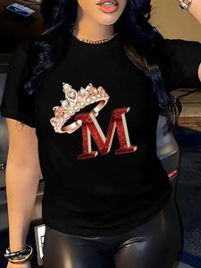 Women's Crown & Letter Print Round Neck Tee, Fashion Casual Crew Neck T-Shirt for Daily Holiday Vacation Outdoor Wear, Ladies Clothes for Summer, Top