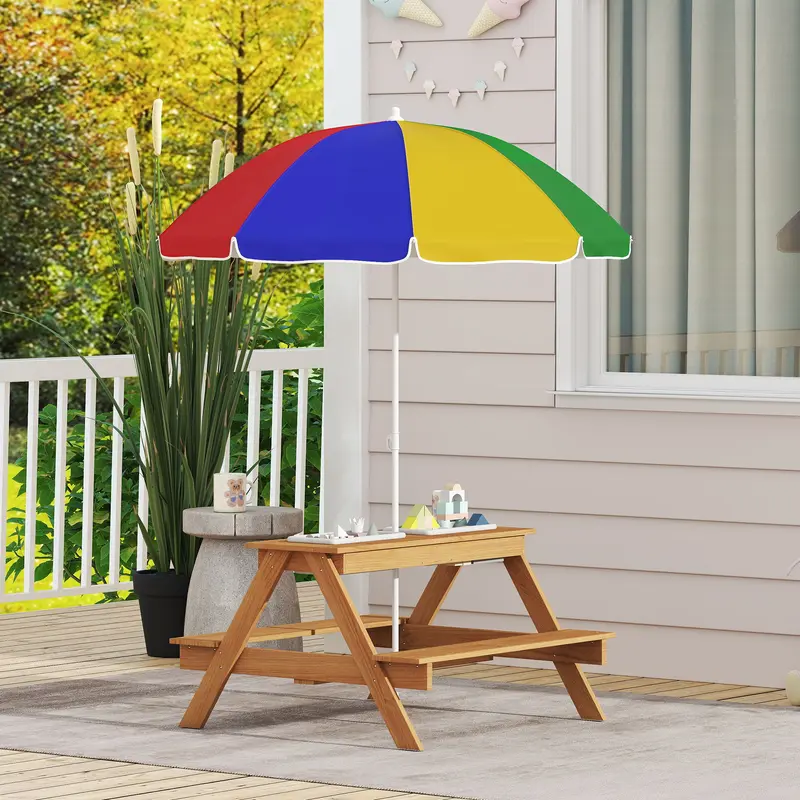 AIYAPLAY Wooden Kids Picnic Table, Sand and Water Table w/ Benches, Parasol 6