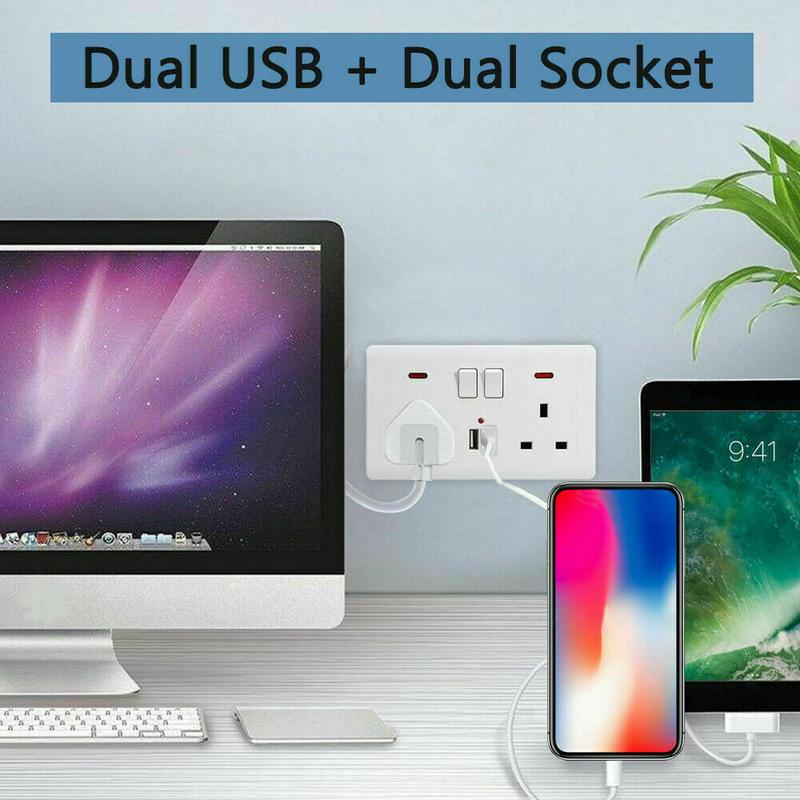 Product Introduction of Double Wall Plug Socket 2 Gang 13A w/ 2 Charger USB Ports Outlets Flat Plate UK 11