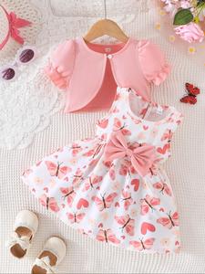 Baby Girl's Butterfly Print Bow Decor Sweatshirt & Dress Set, Cute Casual Long Sleeve Pullover Top & Dress for Daily Wear, Newborn Infant Kids Summer Clothes, Baby Clothing, Outfit, Newborn Gift Set