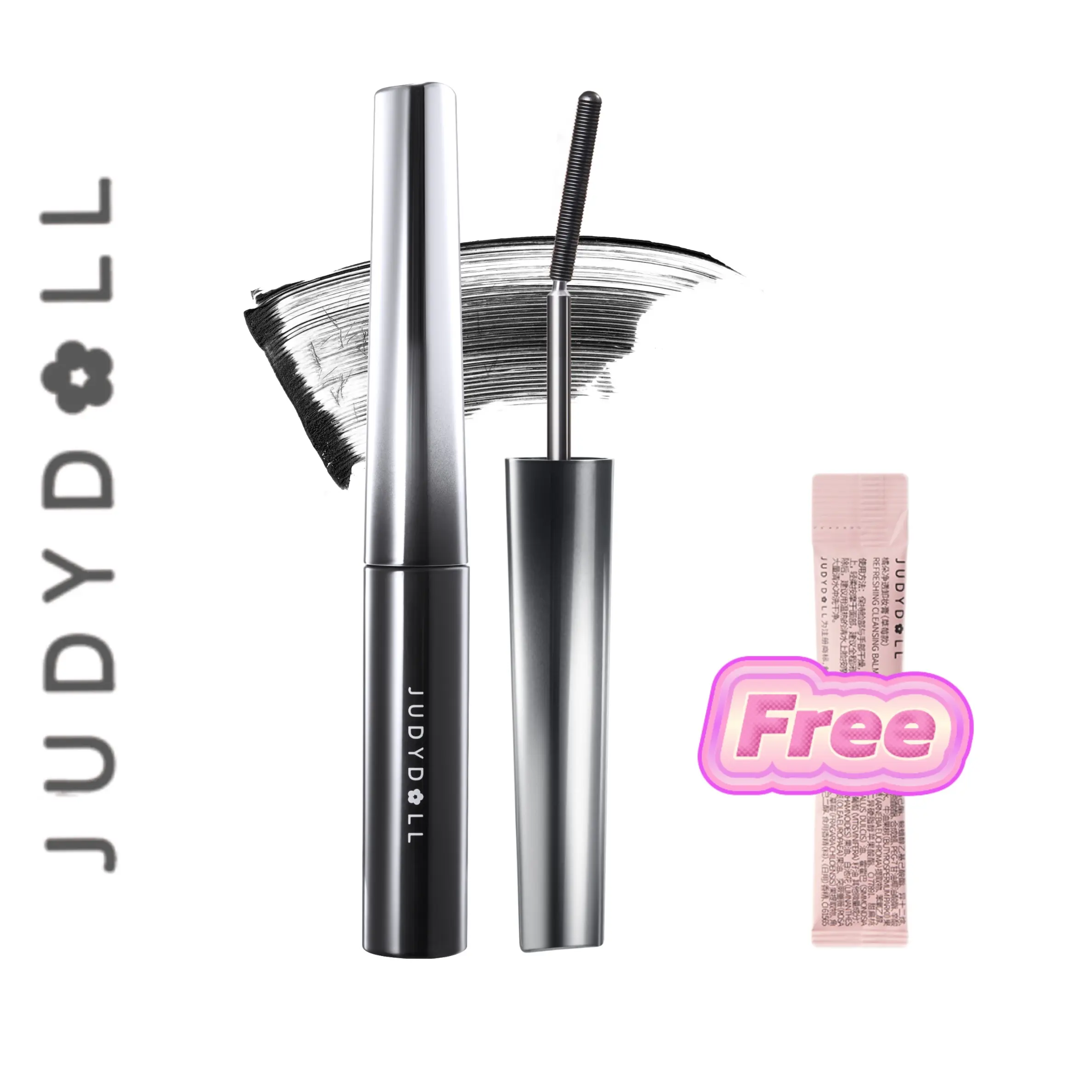JUDYDOLL New beginner friendly Mascara set - 3D Curling Eyelash Iron Mascara #01Black 3g + Makeup Remover Balm Strawberry