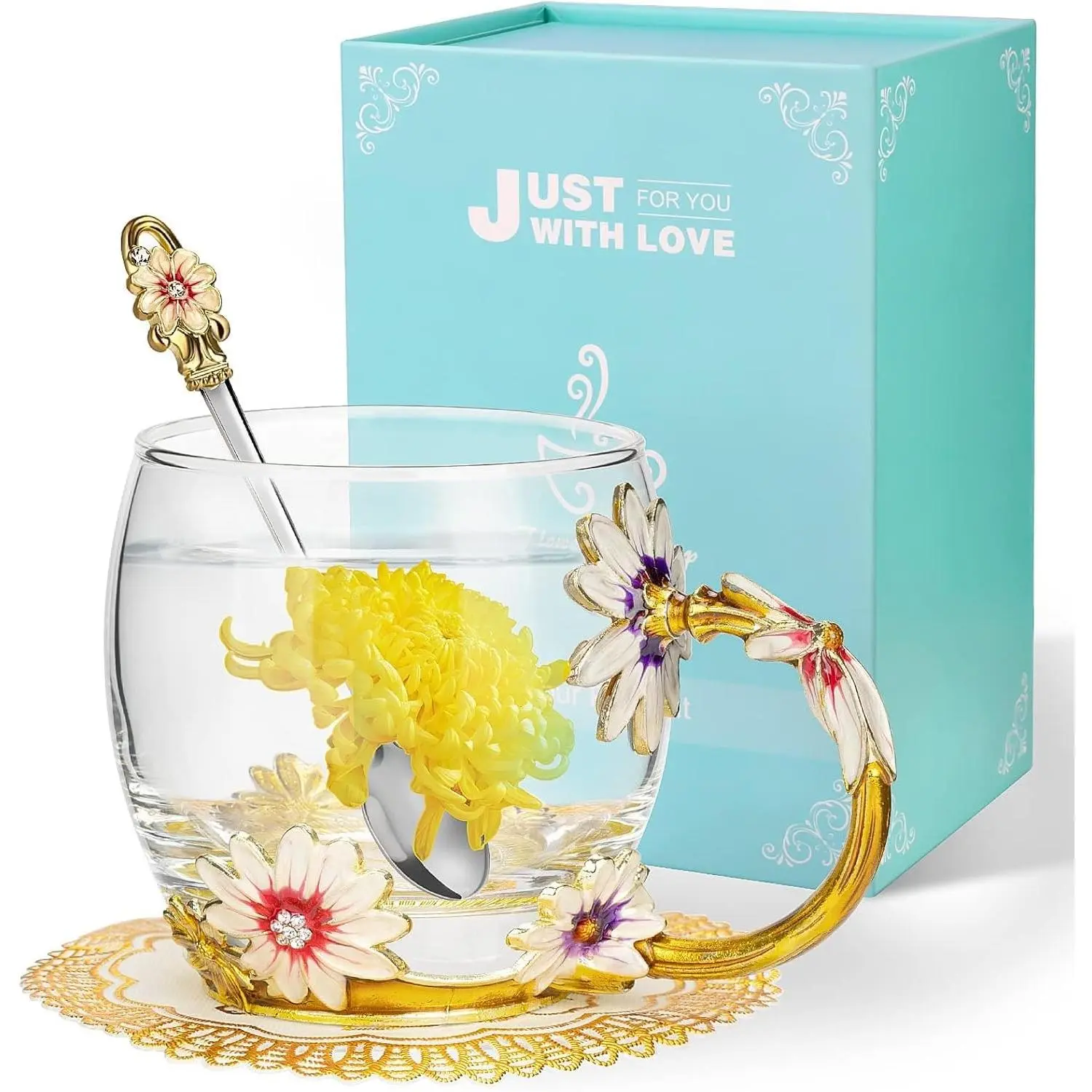 Wisolt Gifts Ideas for Women Ladies Presents for Christmas Anniversary Valentines Mothers Day Enamel Glass Flower Tea Cup for Her Mum Teacher Friend Handmade Coffee Mugs with Spoon