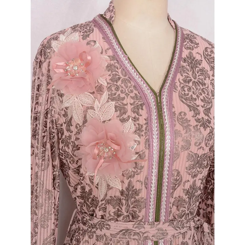 2025 Women's Middle Eastern Style Evening Dress Muslim Fashion New Fashion Gold Stamped Floral Decoration Long Sleeve Dress for Women 7