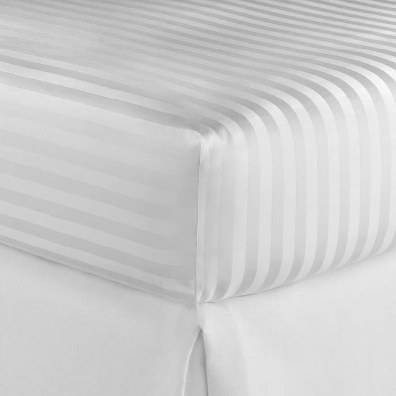 White Stripe Fitted Sheet King Size – Soft Polycotton Satin Stripe, Breathable & Wrinkle-Free Bed Sheet, Hotel Quality Bedding 0