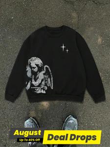 Men's Angel & Letter & Stars Print Round Neck Thermal Lined Sweatshirt, Regular Fit Casual Long Sleeve Crew Neck Pullover for Fall & Winter, Fashion Men's Top for Daily Wear