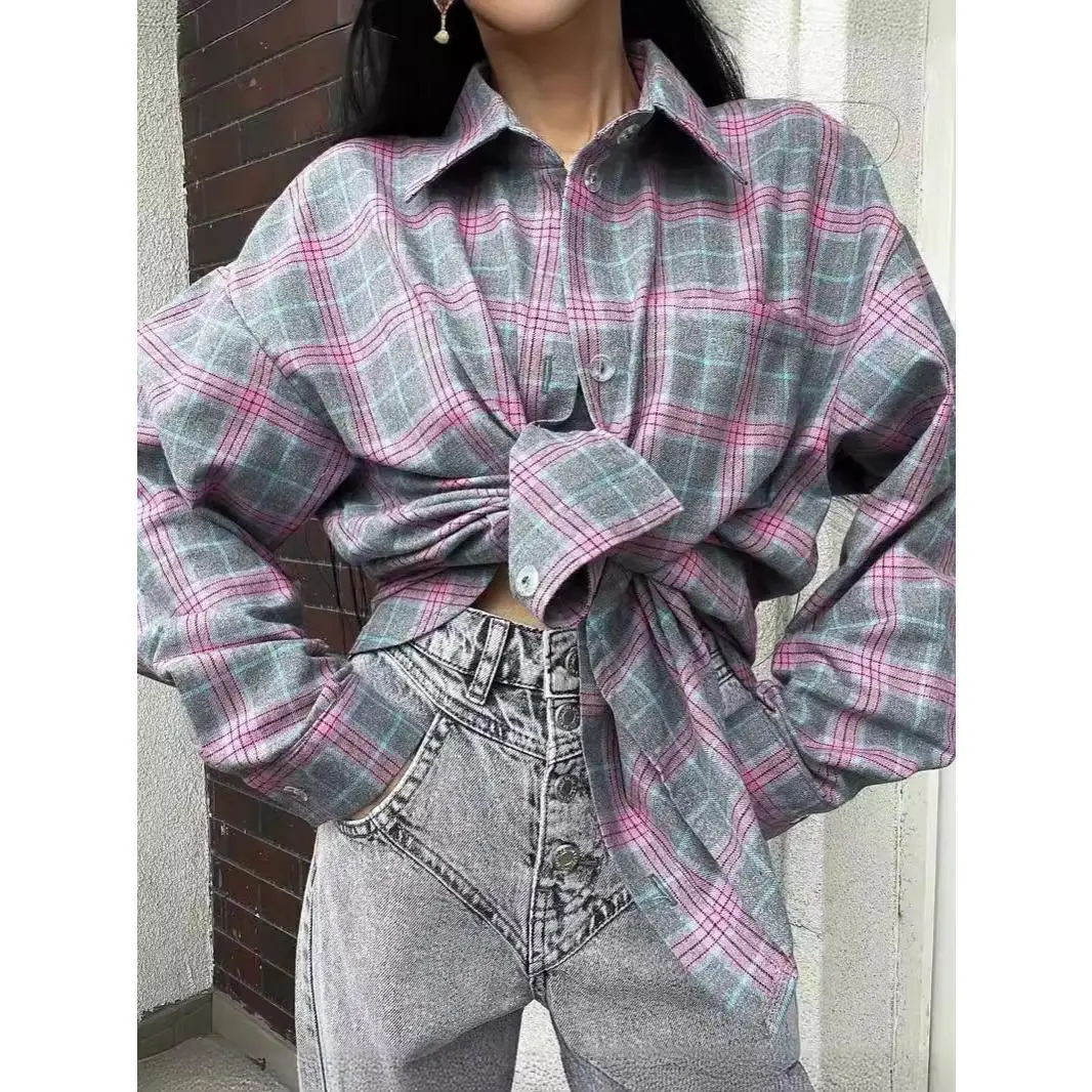 Womens Button Down Flannel Shirts Long Sleeve Plaid Shackets Business Casual Blouse Top Womenswear Bottoms