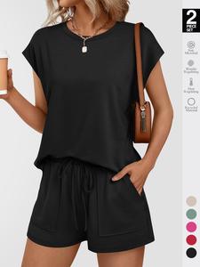 Women's Solid Curved Hem Tee & Drawstring Waist Shorts Set, Casual Cap Sleeve T-shirt & Pocket Shorts, Ladies Sleepwear for Summer, Loungewear, Pajama Set