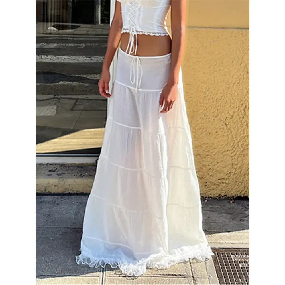 Women Long Skirts Tie-Up High Waist Layered Lace Hem Pleated Skirts Summer Fall Retro Fashion Casual Skirts