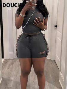 Summer Street Sports Casual Sexy Hot Cool Hip-Hop Women'S Letter Printing T-Shirt Tassels Shorts Two-Piece Set