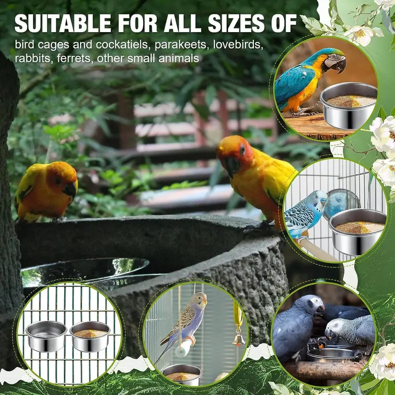 2Pcs Parrot Food Water Bowls,Bird Feeding Dish Cups Set,Stainless Steel Pet Hanging Bowl,Bird Cage Water Bowl with Clamp for Small Animal,Parrot Cockatiel Conure Budgies Parakeet Lovebird Chinchilla 4