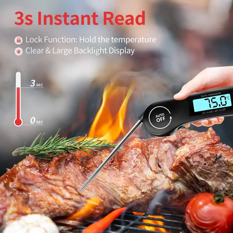 Digital Meat Thermometer with Instant Read, Foldable Probe, LCD Backlight & Auto On/Off – For Cooking & BBQ (All) 3