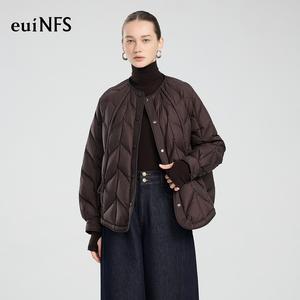【euiNFS】Women’s Structured Hooded Puffer Jacket – Glossy Black Quilted Coat with Relaxed Silhouette【E473078】