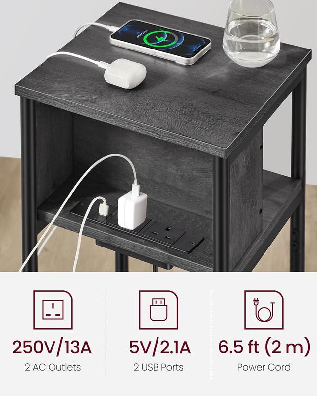 VASAGLE Slim Side Table with Charging Station, Narrow Bedside Table with 2 AC Outlets 2 USB Outlets, 30 x 34 x 58 cm, for Living Room, Bedroom, Rustic Brown and Black LET374B01 4