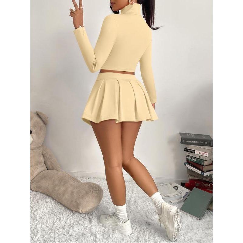 Women's Solid Zip Up Crop Jacket & High Waist Skirt Two-piece Set, Casual Fashion Cozy Two Piece Outfits for Daily Outdoor Wear, Women Clothes for Spring Fall 6