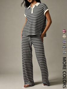 Women's 2pcs  Striped Polo Neck Top & Wide-Leg Pants Set , Ribbed Texture Fabric & Contrast  Polo Collar/Cuff Trim & Relaxed Oversized Silhouette & Elastic Drawstring Waist& Matching Horizontal Stripe Pattern