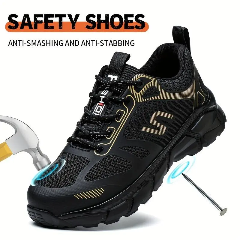 Men's Breathable Steel Toe Lace Up Work Sneakers, Anti Smashing Steel Toe Safety Shoes Puncture Proof Work Shoes, Breathable And Comfortable Men's Work Shoes 5