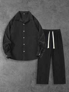 Men's Solid Corduroy Shirt & Pants Set, Loose Casual Long Sleeve Button Top & Trousers, Men's Spring & Fall Clothes