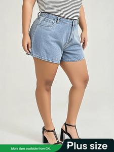 【 Plus Size】 Solid Pocket Denim Shorts, Casual Basic Fitted Shorts for Daily Outdoor Wear, Women Clothing for Summer, Womenswear, Bottom, Street Style Shorts, Minimalist Fashion Shorts, Streetwear, Loose Casual Shorts, Casual Relaxed Shorts