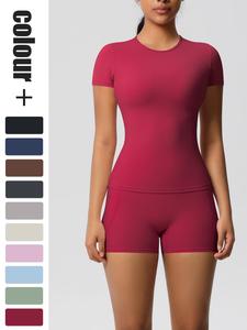 Women's Solid Ribbed Crop Top & Skinny Shorts Sportswear Set, Sporty Breathable Comfy for Yoga Gym Workout Running, Ladies Sportswear for All Seasons, Activewear