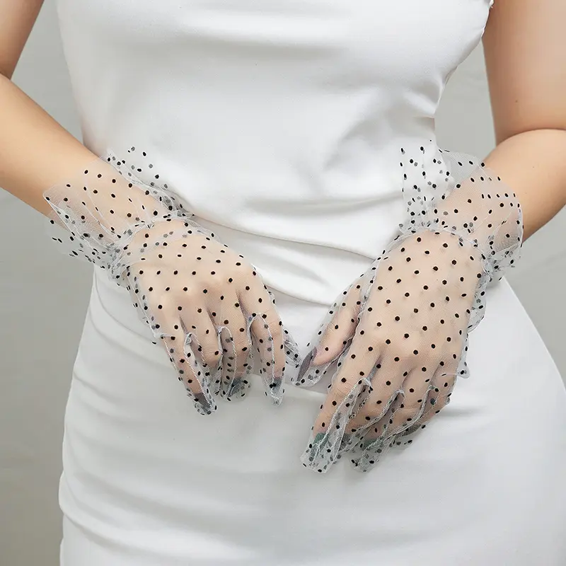 Women Long Tulle Gloves Stretchy Sexy Lace Short Full Finger Mittens Lotus Leaf Sheers Elegant Lady Driving Dot Wedding Gloves 5