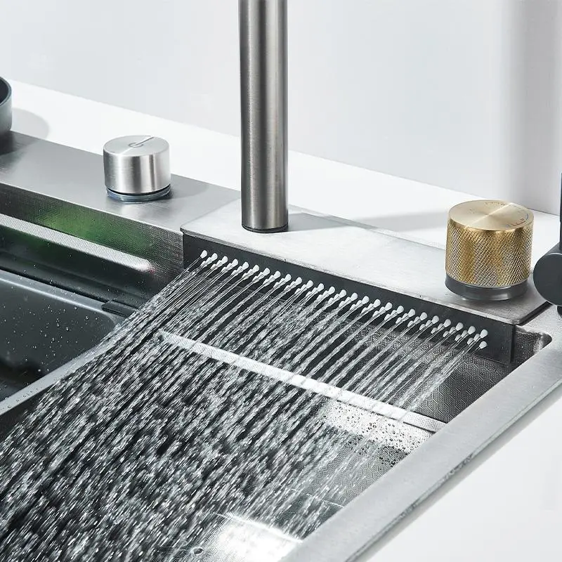 304 Stainless Steel Waterfall Kitchen Sink Large Single Slot with Chopping Board Cup Washer 3