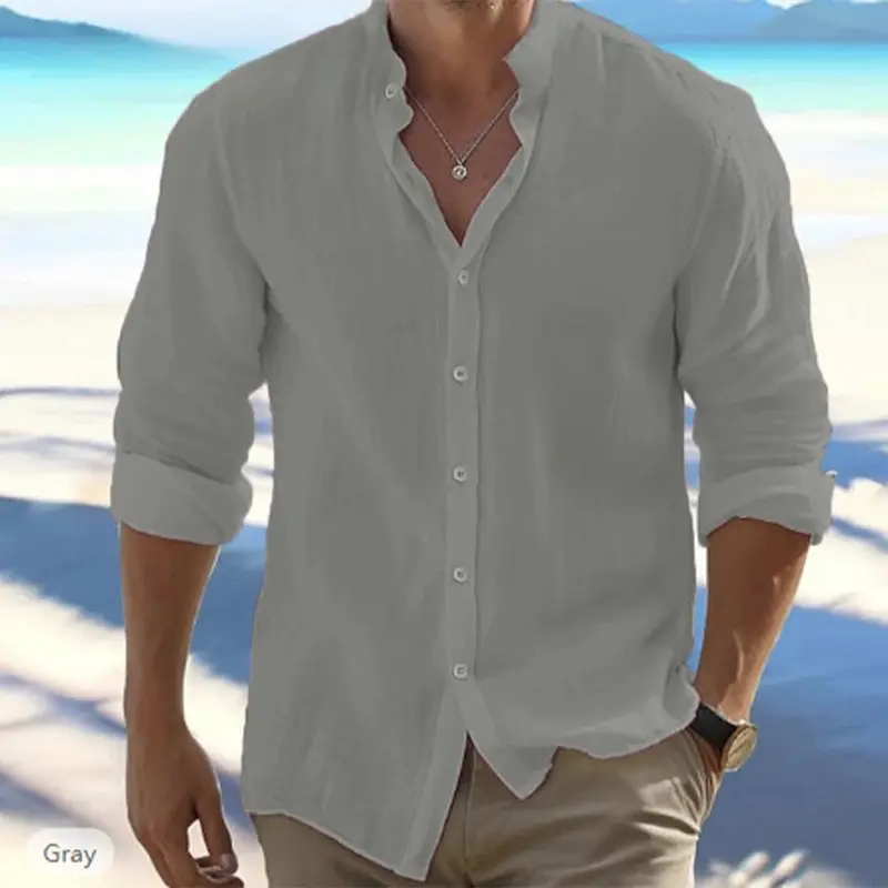Cotton Linen Hot Sale Men's Long-Sleeved Shirts Summer Solid Color Stand-Up Collar Casual Beach Style Plus Size 1