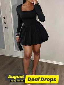 Women's Solid Square Neck A Line Bubble Dress, Lady Chic Casual Fit Long Sleeve Ruched Mini Dress for Fall, Women's Clothing for Daily Wear, Longsleeves Womenswear