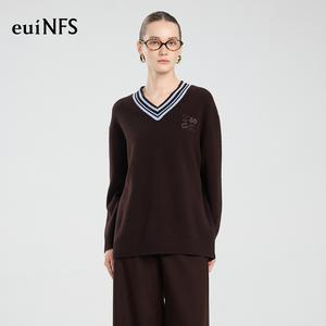 【euiNFS】Women’s V-Neck Knit Sweater | Contrast Stripe Collar | Relaxed Fit Long Sleeve Pullover | Soft Minimalist Autumn Winter Top【E733215】
