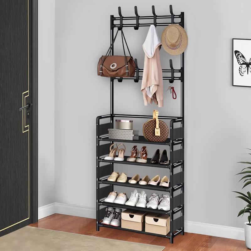 New Coat and Hat Stand 8 Hooks Metal Shoe Rack 5 Tiers Shelf Hanger Black 2