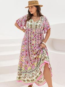 Plus Size Patchwork Floral Print Tie Neck Contrast Lace Ruffle Hem Long Dress, Boho Butterfly Sleeve Smock Dress, Ladies Summer Clothes for Vacation